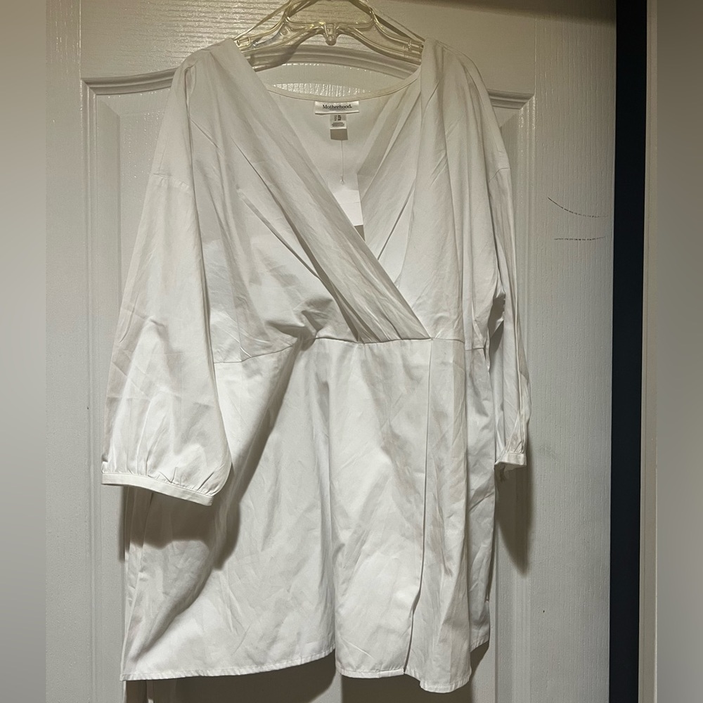 White motherhood maternity faux wrap shirt, NWT